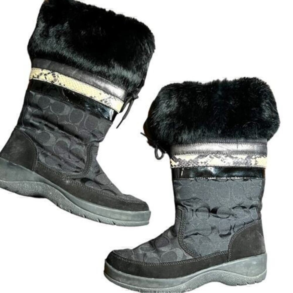 ▶️ Coach ◀️ Lorna Black Monogram Boots With Rabbit Fur Trim Size 7
